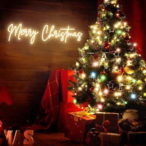 26 Inches Large Merry Christmas Neon Sign, Warm White Acrylic Neon Signs for Wall Decor, USB Powered Dimmable LED Lights for Bedroom Window Xmas Eve New Year Party Decor