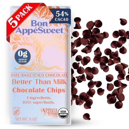 Bon Appesweet Date Sweetened Chocolate Chips - Better Than Milk Chocolate | 8 Ounce (Pack of 5) | Organic, Zero Added Sugar, 54% Cacao, Plant Based, Dairy Free, and Guilt Free!