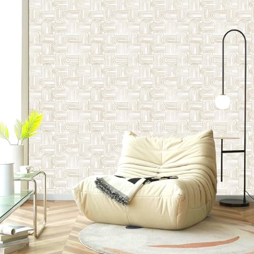 Beige Peel and Stick Wallpaper Boho Contact Paper 17.3"x120" Modern Geometric Abstract Wall Paper Removable Self Adhesive Wallpaper for Bedroom Bathroom Cabinet Decor Vinyl