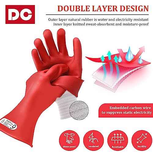 Natural Rubber Gloves - Class 00 Low Voltage Electrical Insulating Linesmen's Gloves with Double-Layer Design, Cotton Anti-Static Knitted Lining, Size 9, Red