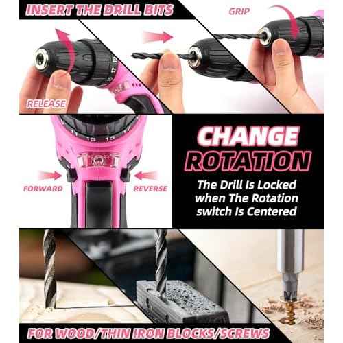 147 Piece Pink Power Drill Drivers Tool Set with 12V Cordless Drill, Professional Household Home Tools Kit Set, DIY Pink Electric Drill Cordless Hand Tool Box for Women