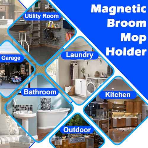 Strong Magnetic Mop Broom Holder, 1 Set Heavy Duty Magnetic Mop Hanger with 4 Hooks, Magnet Tool Hanger Wall Mount Storage Rack Organize System for Refrigerators Workshop Laundry Garage Kitchen