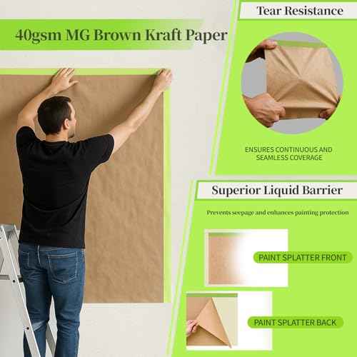 Pre-Taped Masking Paper for Painting 12 inch x 50 Feet, Tape and Drape Adhesive Painters Paper Roll for Walls, Trim, Baseboards, Cars, Auto Body and Furniture (1 Roll)