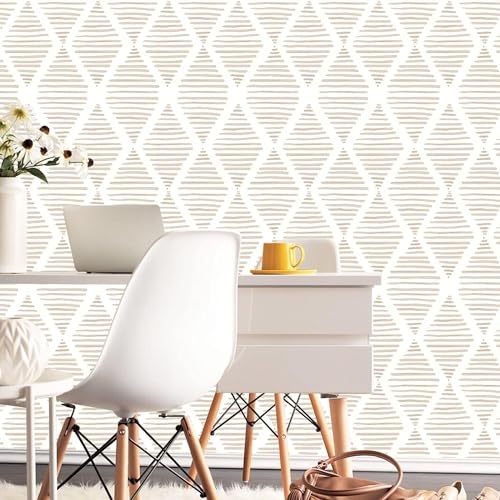 Yun-aeon 17.7" X 120" White and Beige Stripe Peel and Stick Wallpaper Modern Diamond Contact Paper Geometric Removable Wallpaper Self Adhesive Wall Paper for Bedroom Drawers Cabinets Decor Vinyl