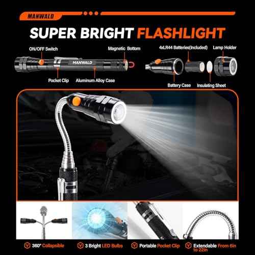 Telescoping Magnetic Pickup Tool Set with Portable Bag, Extendable Flashlight with 360¡Æ Inspection Mirror, Christmas Stocking Stuffers for Men Adults, Gifts for Men Mechanics, and Handymen, Red