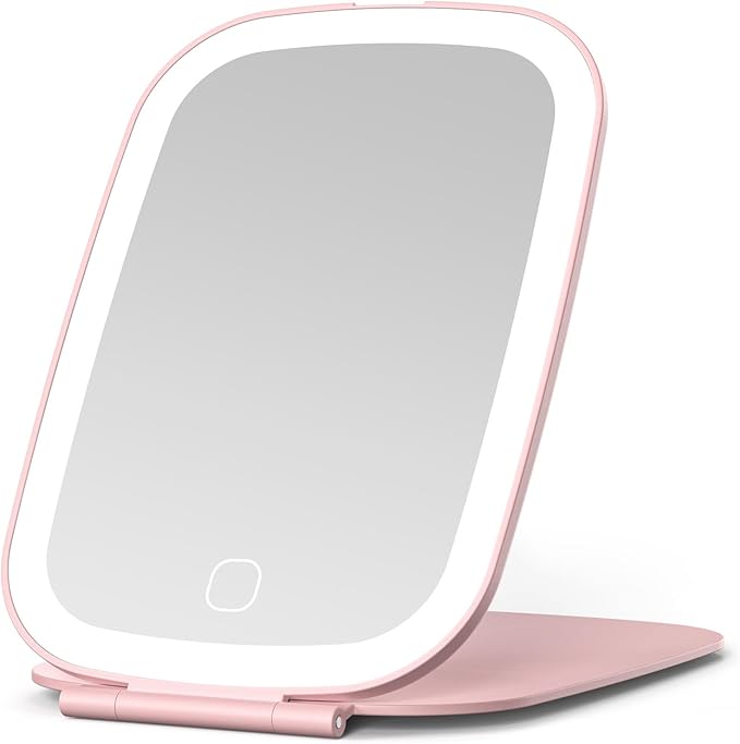Rechargeable Travel Makeup Mirror with LED Light, 3 Lighting Modes, 7 x 5 Inch Foldable Vanity Mirror for Desk or On The Go, Pink