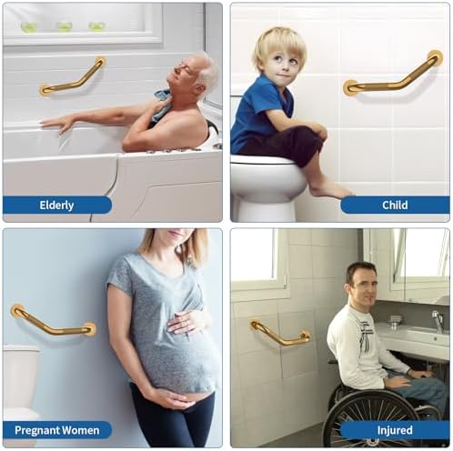 2 Pack 16 Inch Munzong Shower Grab Bars for Seniors, Gold Angled Anti Slip Grab Bars for Bathtubs and Showers Safety Hand Rail Support Handicap Elderly Injury Senior Assist Bath Handle