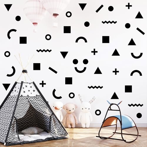 260 Pcs Self-Adhesive Abstract Geometric Shape (Triangle, Circle, Square) Wall Stickers - 10 Sheets Removable Vinyl Wall Decasl for Home, Office, Kids Room, Nursery, Playroom Decor (Black)
