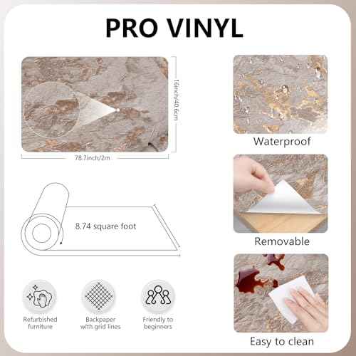 Gray and Gold Marble Fancy Wallpaper 16" x 78.7'' Thicken Granite Peel and Stick Contact Paper Vintage Texture Glossy Self-Adhesive Waterproof Vinyl Removable for Living Room Countertop Kitchen Garage