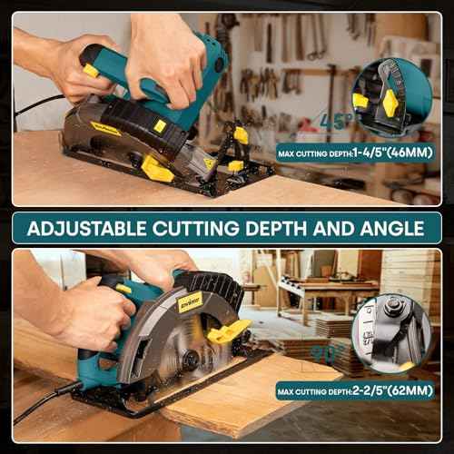 Enventor Circular Saw Corded, 14A Electric Circular Saws 7-1/4-Inch with Laser Guide, 2 Blade Saws (40T/24T), Max Cutting Depth 2-7/16"(90¡Æ), 1-13/16"(0¡Æ-45¡Æ), Single Handed Bevel, 5500RPM, Blue