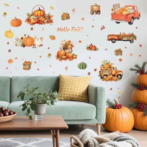 Thanksgiving Fall Wall Decals Removable Autumn Peel and Stick Wall Stickers 6-Sheet Set with Pumpkin Truck, Maple Leaves Design for Home, Office, Bedroom, Living Room Party Decor