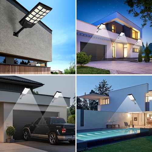 Solar Lights Outdoor Waterproof, 6500K Dusk to Dawn Solar Street Light Motion Sensor with Remote Control, LED Security Light for Outside Garden Yard Parking Lot, Oudoor Flood Lights, 2PACK