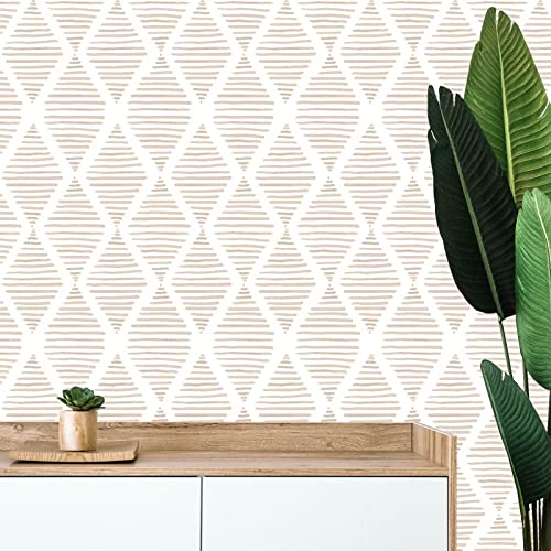 Yun-aeon 17.7" X 120" White and Beige Stripe Peel and Stick Wallpaper Modern Diamond Contact Paper Geometric Removable Wallpaper Self Adhesive Wall Paper for Bedroom Drawers Cabinets Decor Vinyl