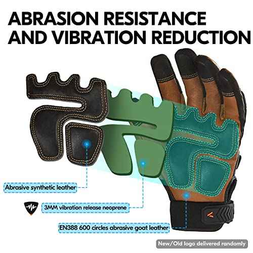 Vgo... 1-Pair High Dexterity Water Repellent Goat Leather Heavy Duty Mechanic Glove,Rigger Glove,Anti-Vibration,Anti-Abrasion,Touchscreen (Size L,Brown,GA8954)