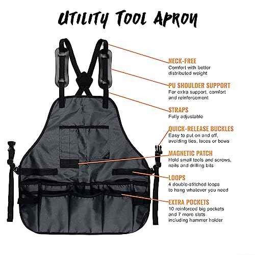 Under NY Sky Tool Apron ? Magnetic Tool Holder ? Heavy Duty Gray Oxford Canvas ? Cross-Back ? 18 Pockets ? Adjustable for Men, Women ? Pro Mechanic, Woodworker, Carpenter, Electrician, Gardener Apron