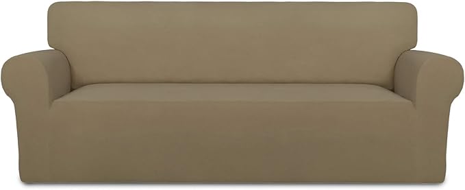 PureFit Super Stretch Sofa Slipcover – Spandex Non Slip Soft Couch Sofa Cover, Washable Furniture Protector with Non Skid Foam and Elastic Bottom for Kids, Pets （Sofa, Tan）