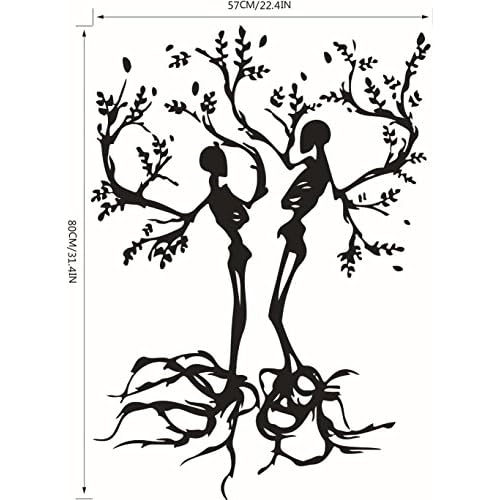 BIBITIME Halloween Vinyl Couple Skull Tree Wall Decal Black Skeleton Sticker for Living Room Porch Sofa Background Decorations Shop Showcase Window Kids Room Decor