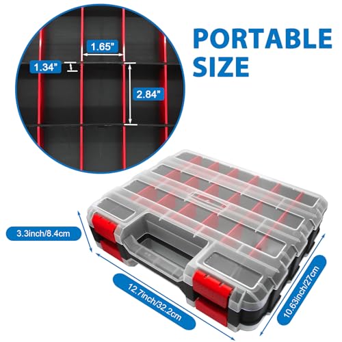 Double Side Tool Box Organizer, Hardware Storage Box, Portable Small Parts Organizer with Removable Plastic Dividers for Screws, Nuts, Nails, Bolts (Red)