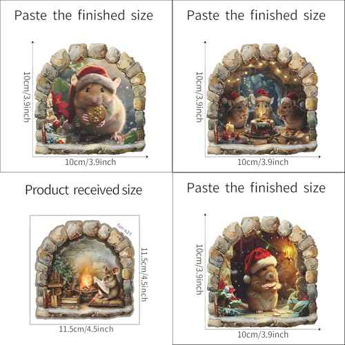 4 Sheets Christmas Realistic 3D Mouse Hole Wall Decals Cute Mouse in Hole Wall Stickers Removable Funny Mouse Hole Wall Stickers for Wall,Home,Kids Room, Living Room, Bedroom,Nursery Decor