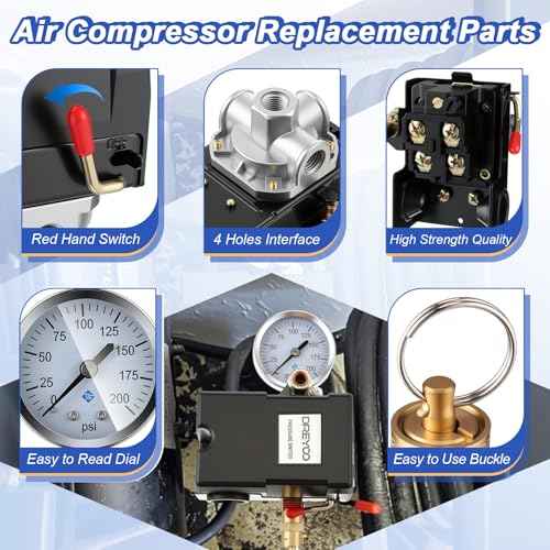 Dreyoo Air Compressor Pressure Switch 135-175 4-Port 20 Amp with 0-200 PSI Gauge and 200 PSI Safety Relief Valve, 1/4" NPT Replacement Pressure Switch Parts for Air Compressor