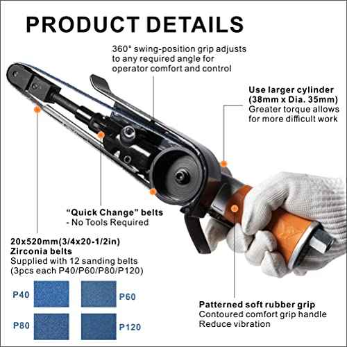 Air Belt Sander 3/4" x 20-1/2" Belt Size Pneumatic Tool with 12pc Belts (#40, #60, #80 & #120), Good for Deburring, Sanding and Finishing (3/4" x 20-1/2" Sander)