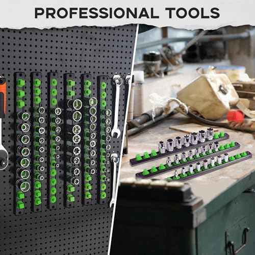 3-Piece Magnetic Socket Organizer, Heavy Duty Aluminum Socket Rails Organizer, 360¡Æ Swivel Clips Socket Holder Kit for Tool Box, 1/2, 3/8, 1/4-Inch Socket Holder x 40 Clips (Green)