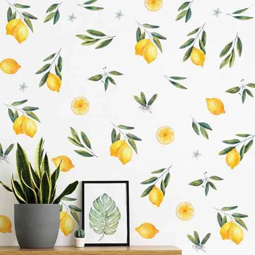 Lemon Fruit Wall Decals Peel and Stick Green Leaves Lemon Flower Kitchen Food Wall Stickers Removable Small Fruit Leaf Wall Decor for Nursery Kids Room Decor ZSZ1186-C