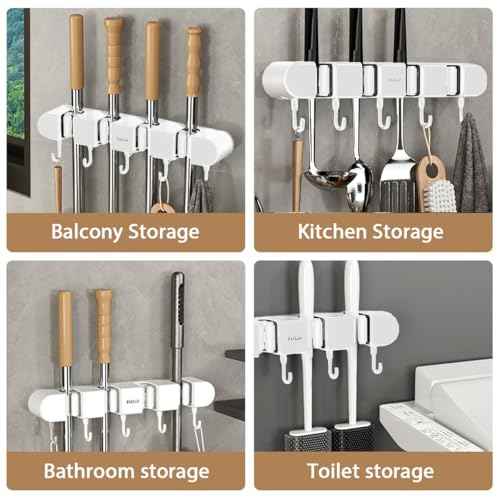 3Pcs Broom Mop Holder with Hooks Wall Mounted Broom Storage Rack No Drilling Self-Adhesive Mop Broom Organizer Mop Holder Hanger for Bathroom Office Kitchen Closet Garage,White (3)