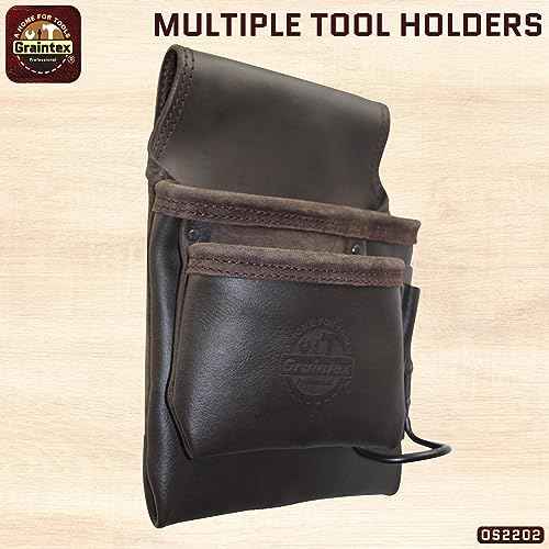 Graintex OS2202 5 Pocket Left Handed Oil Tanned Leather Nail & Tool Pouch Dark Brown Color for Constructor/Electrician/Plumber