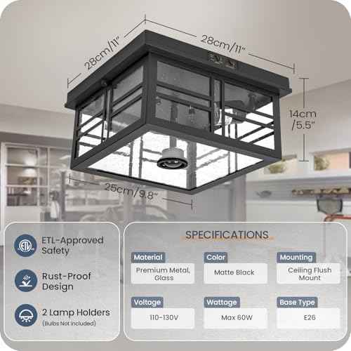 Infrared Sensor Outdoor Ceiling Light, Flush Mount Motion Sensor Ceiling Light, 2-Light Black with Bubble Glass, Bulbs Not Included, 3 Modes, for Porch, Garage, Hallway, Patio,BQ08XD05W1