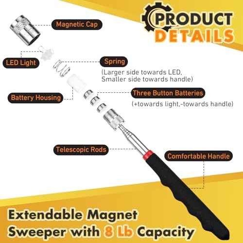 Lasnten Needle and Pin Retriever Telescoping Magnetic Pickup Tool with LED Extends to 31.1" Picks up Metal Sewing Notions Without Bending Over Extendable Magnet Pickup Tool