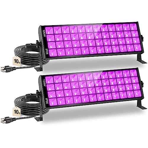 120W Waterproof LED Black Lights, YQNLIFA 2 Pack 10Ft Cable Black Light Bar with Plug & Switch, IP66 Indoor/Outdoor Blacklight for Neon Glow Party, Body Paint, Fluorescent Reactive, Back Yard, Stage