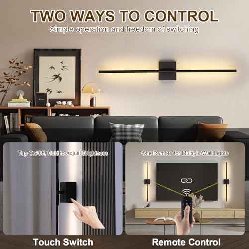 Battery Operated Wall Sconces Set of 2, USB Rechargeable Wall Lights with Remote Control, 360¡Æ Rotation, 6000mAh, Dimmable Touch Wireless Wall Sconce Decor for Living Room Bedroom, 32 Inch, Black