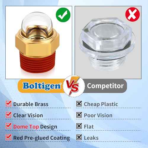 Boltigen Compressor Sight Glass, 1/2'' NPT Sturdy Brass Clear Dome Bulb Sight Gauge, Oil Level Site Glass, Tank Level Indicator Plug Window, Perfect Replacement for Air Compressor¡¢Pump¡¢Tank