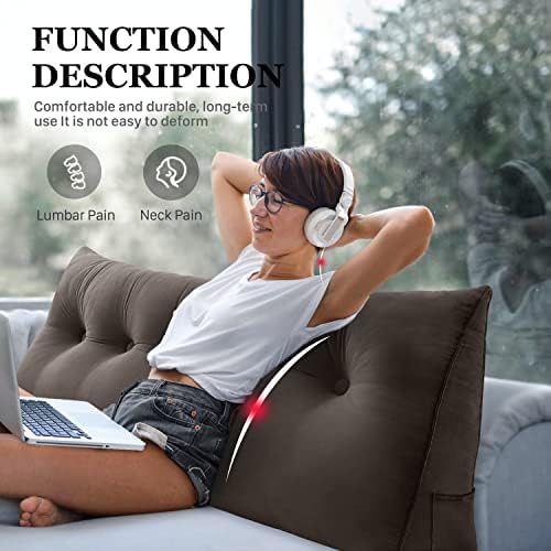 11 lbs Thickened Queen Wedge Pillow Headboard Body Positioner Bed Wedge Pillow Backrest Support Triangular Headboard Cushion with Side Pocket Velvet Positioning Support Coffee