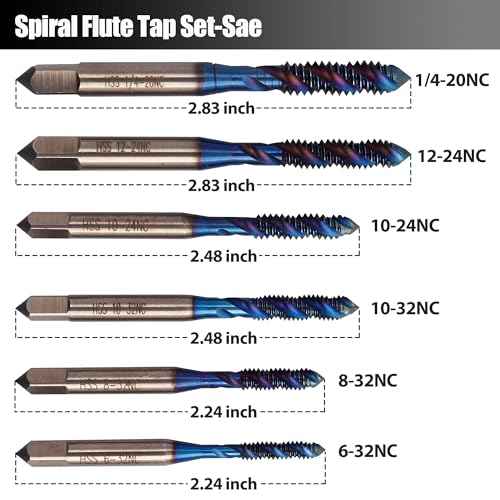 Yakamoz Spiral Flute Tap Set - 6Pcs SAE Tap Set Machine Tap Bits Screw Thread Tapping Tool for Metal, Wood, Plastic 6-32NC 8-32NC 10-24NC 10-32NC 12-24NC 1/4-20NC