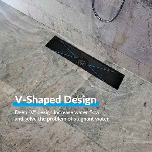 36 Inch Removable Cover Linear Shower Drain 304 Stainless Steel Rectangular Floor Drain for Kitchen Bathroom Square Hole Drain with Accessories Hair Strainer Adjustable Leveling Feet (Matte Black)