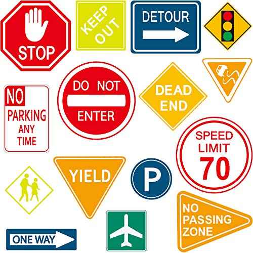 Zonon 15 Pieces Road Signs Wall Decal Traffic Street Signs Stickers Stop Street Transportation Vinyl Wall Decals for Kids Bedroom Classroom Playroom Birthday Decor