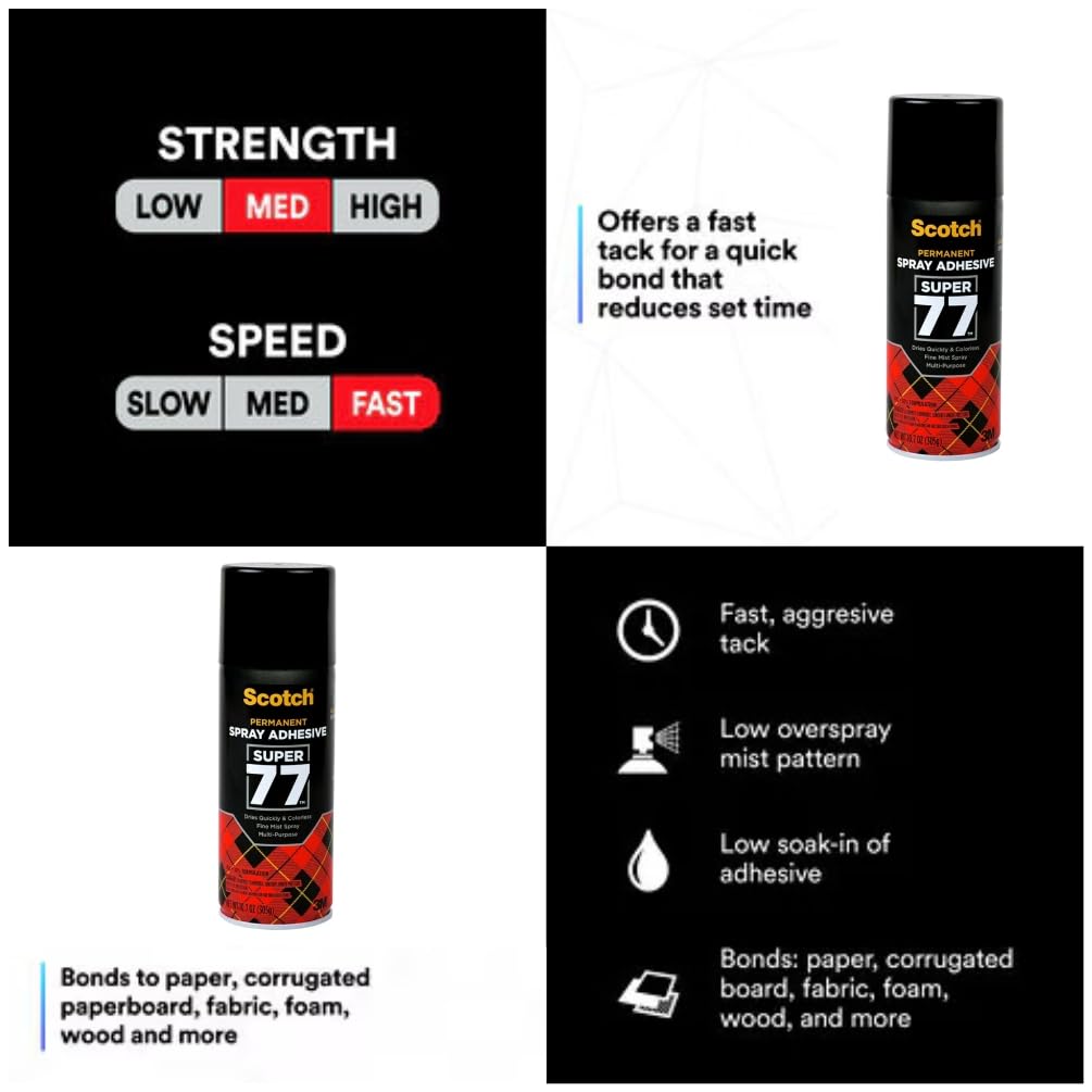 Scotch Super 77 Multipurpose Adhesive Spray, Bonds to Fabric, Cardboard, Plastic, Metal, Wood, Felt, and More, 10.7 Ounces (7716) - 4 Pack