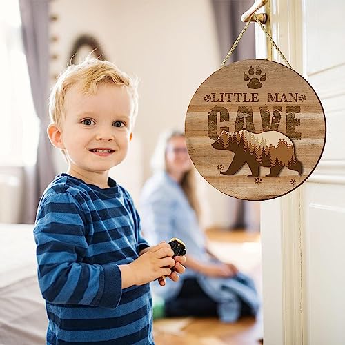Wooden Little Man Cave Sign for Baby Boy Nursery Decor, Woodland Nursery Room Wall Decorations, Bear Wall Art Decor Rustic Farmhouse Kids Bedroom Hanging Decor (B)