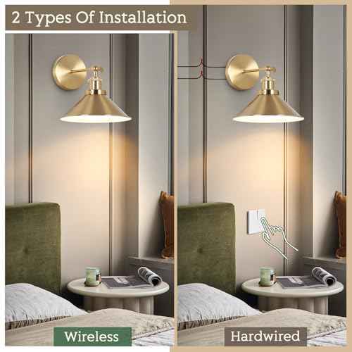 Battery Operated Wall Sconce Set of Two, Brushed Brass Battery Powered Wall Lighting Indoor, Cordless Metal Indoor Wall Lamp, Dimmable with Remote, Suitable for Living Room Bedroom Hallway