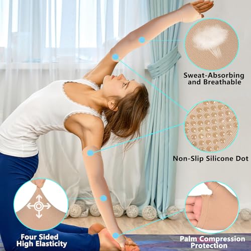 Medical Compression Arm Sleeve with Silicone Dot&Gauntlet for Women Men,20-30 mmHg Graduated Compression Full Arm Support for Edema,Post Surgery Recovery,Swelling,Pain Relief(Medium,Pair)