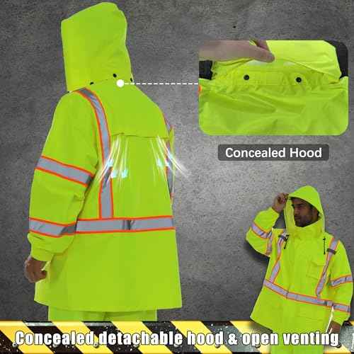 Men's Hi Vis Rain Jacket & Safety Rain Coat Waterproof Lightweight with Hood, Class 3 Reflective Adult Yellow Work Rain Jacket (L/XL)
