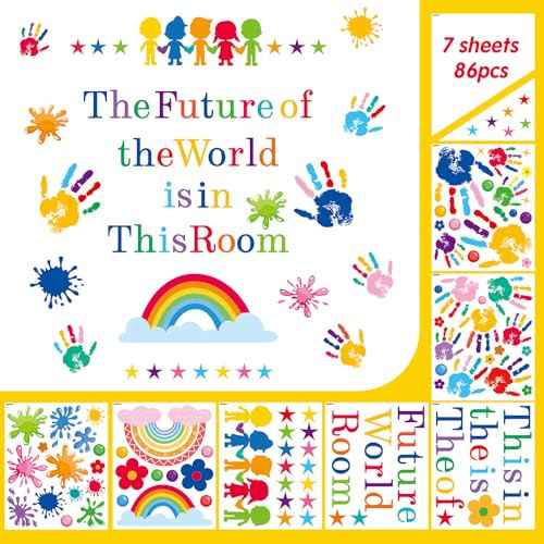 Classroom Wall Decals, 7 Sheets 86 PCS ? Handprints & Rainbow Quote ¡°The Future of the World is in This Room¡± ? Peel & Stick Removable Vinyl for Kids Room, Preschool, Daycare & Teacher Classroom Decor