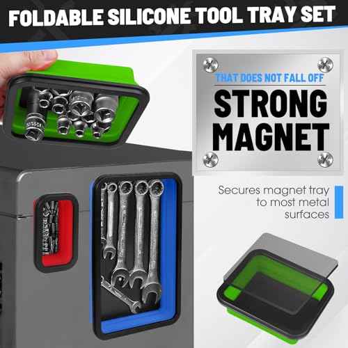 Collapsible Magnetic Parts Tray Set, 3 Different Size Tool Trays Foldable Silicone Magnetic Tool Trays for Bolts, Screws, Nuts & Other Small Metal Parts, Magnetic Square Silicone Bowls Red Blue Green