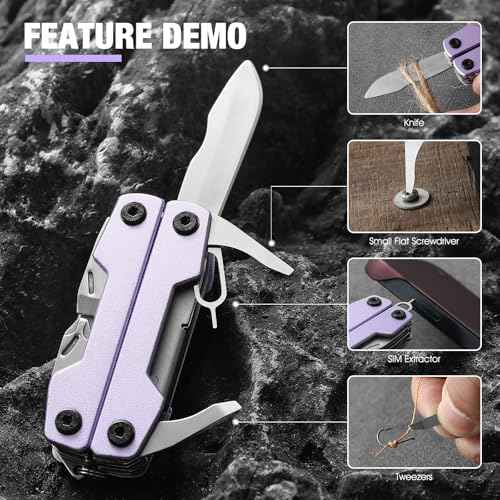 Multitool with Pocket Knife,Gifts for Men and Women, 11-in-1 Mini EDC Multitool with Screwdriver, Scissors, SIM Extractor and Bottle Opener, Perfect for Outdoor, Hiking, Simple Repair (Purple)