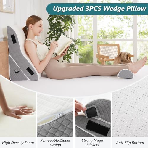 Bed Wedge Pillow for Sleeping 3 PCS - 35D Foam Wedge Pillow Post Surgery for Back Leg Pain Relief - 22.5" Wide Triangle Pillow Wedge for Acid Reflux & Snoring & GERD (White Grey)