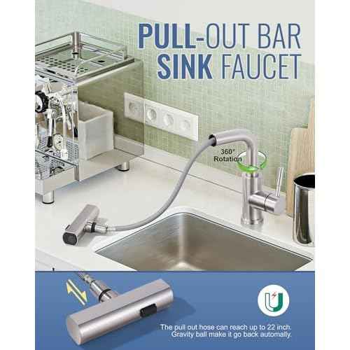 ALEASHA Bar Sink Faucet Single Hole, 3 Water Modes Wet Bar Faucets with Pull Out Sprayer, Prep Sink Faucet 360 Swivel for Small Kitchen Bathroom Faucets with cUPC Supply Lines, Brushed Nickel