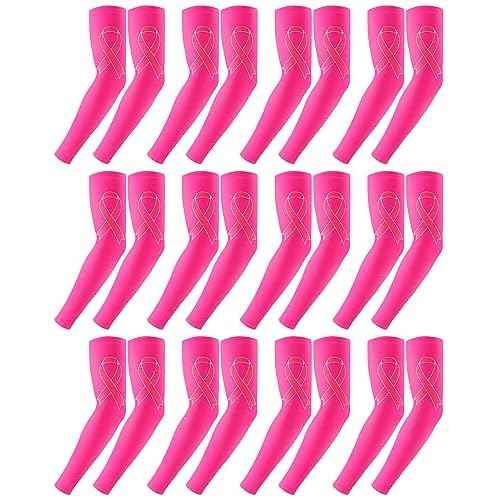 Handepo 12 Pairs Breast Cancer Awareness Football Arm Sleeves Youth Pink Football Arm Sleeves UV Sleeves for Youth Women Men