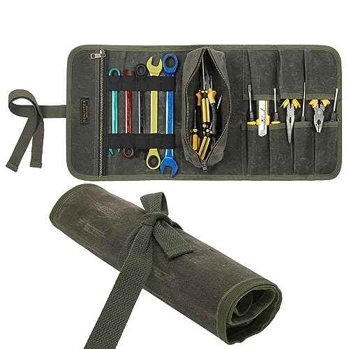 Waxed Canvas Multi-Purpose Waterpoof Tool Organizer Bags, Portable Carry On Pouch with 1 Small Detachable Tool pouch and 1 Zipper Pockets, 24.5" X 10.5"|ArmyGreen